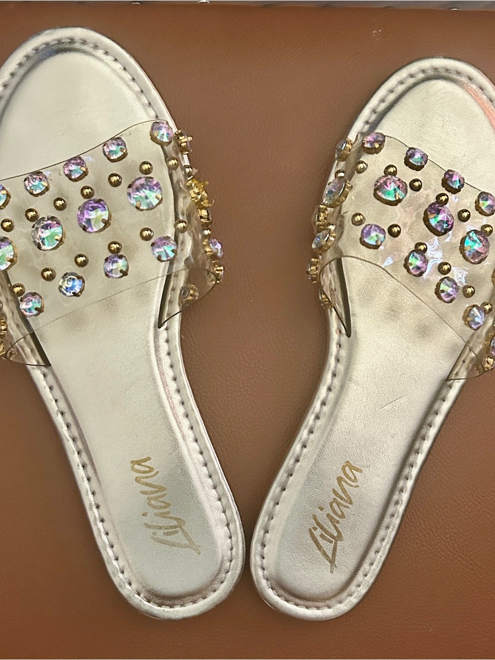 Liliana Clear Slide Sandals with Iridescent Gems and Gold Studs - Silver